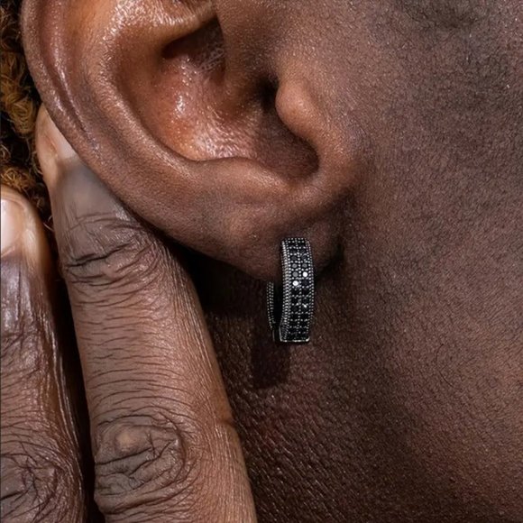 Mens 2ct Black Diamond Round Hoop Earrings Guys Rhodium Silver Jewelry Studs ct - Picture 2 of 9